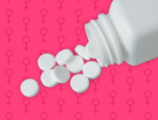 Female gender symbol and spilled bottle of pills: Vyvanse side effects in females