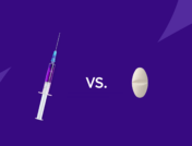 A syringe and a pill with "vs." between them: Contrave vs. Wegovy: Differences, similarities & side effects