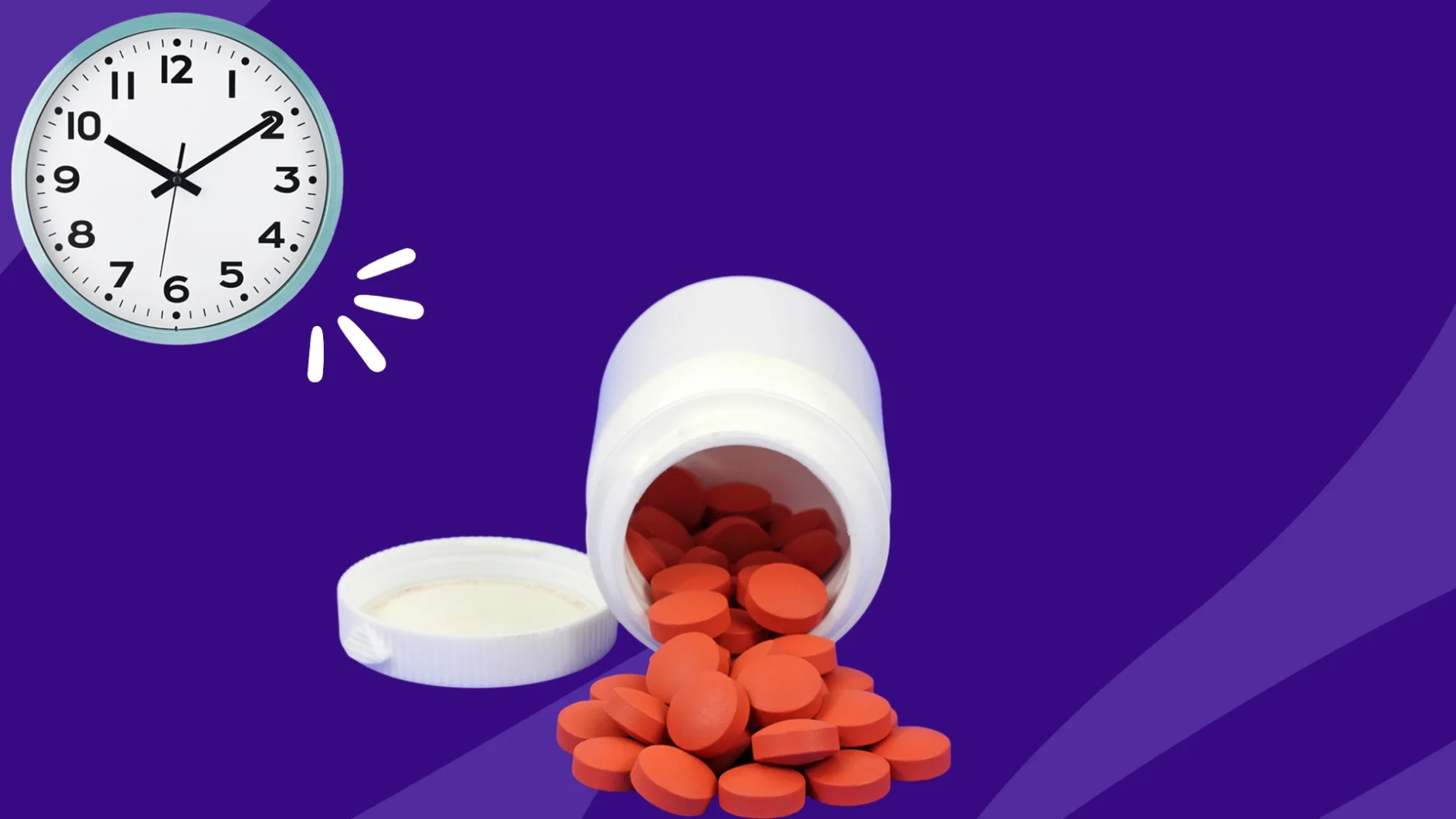 A spilled bottle of ibuprofen and a clock in the background: How long does ibuprofen stay in your system?