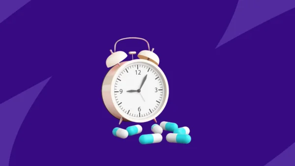 An analog alarm clock with blue and white Rx capsules: How long does it take phentermine to work?