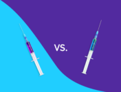 Two syringes with "vs." between them: Xolair versus Dupixent Differences, similarities & side effects
