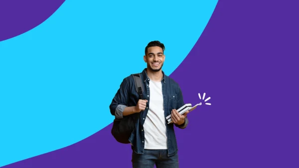 A male college student carrying a backpack and holding textbooks: College students ADHD