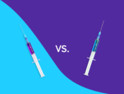 Two syringes with "vs." between them: Nucala vs. Dupixent: Differences, similarities, and side effects