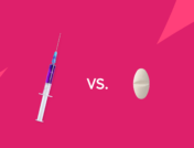 A syringe and a pill with "vs." between them: Qsymia vs. Wegovy