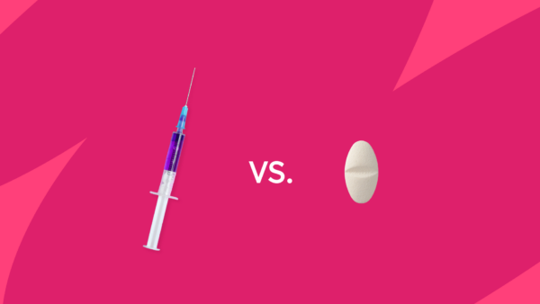 A syringe and a pill with "vs." between them: Qsymia vs. Wegovy