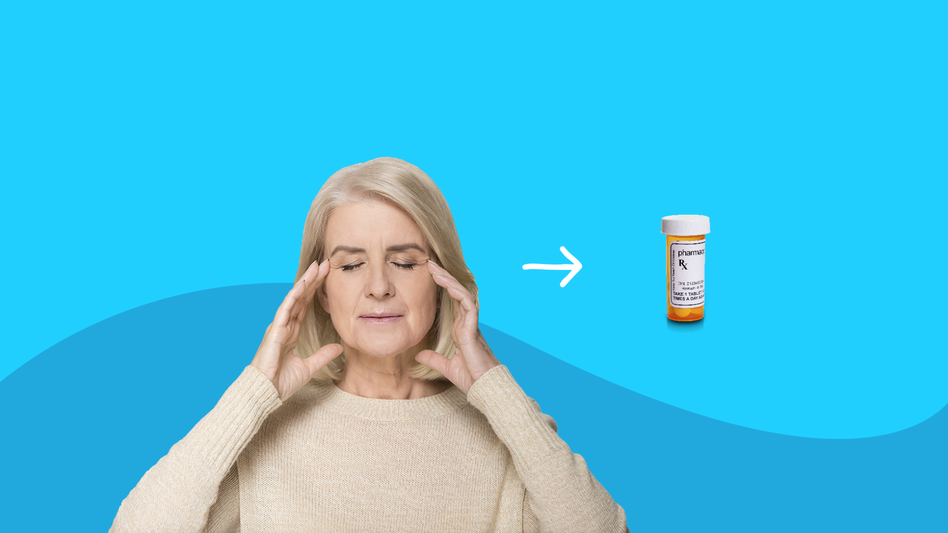 A woman with her fingers on her temples and an Rx pill bottle: Amitriptyline for migraines and headaches