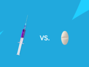 An injection and an oval tablet with "vs" between them: Nurtec vs. Aimovig