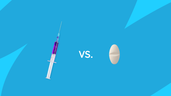 An injection and an oval tablet with "vs" between them: Nurtec vs. Aimovig