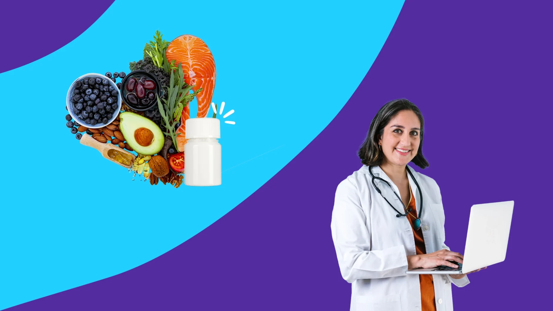 Pharmacist next to a heart-shaped group of foods - How to reduce cholesterol