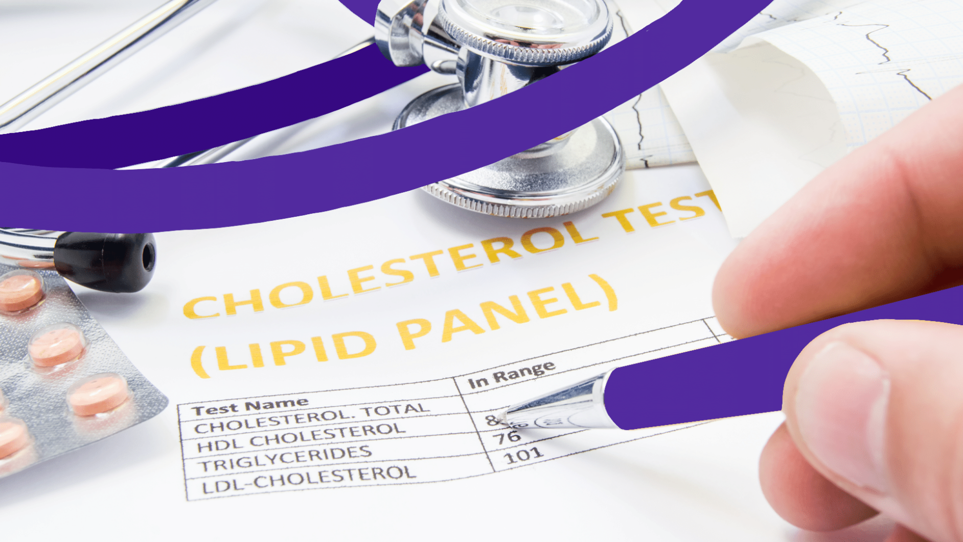 A cholesterol lipid panel with a stethoscope and a hand holding a pen: Does Ozempic lower cholesterol?