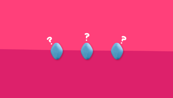 Three little blue pills with question marks above them: Can you take Viagra with sertraline?