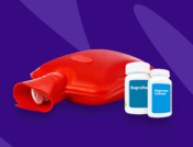 Hot water bottle for pain relief with OTC pill bottles: Ibuprofen and sore muscles