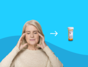 Woman with her eye closed and fingers on her temples with a Rx bottle: Is prednisone good for migraines?