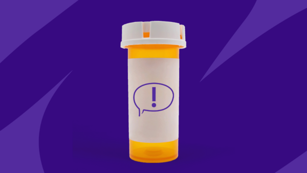 A prescription bottle with an exclamation mark on it: Common prednisone side effects in kids