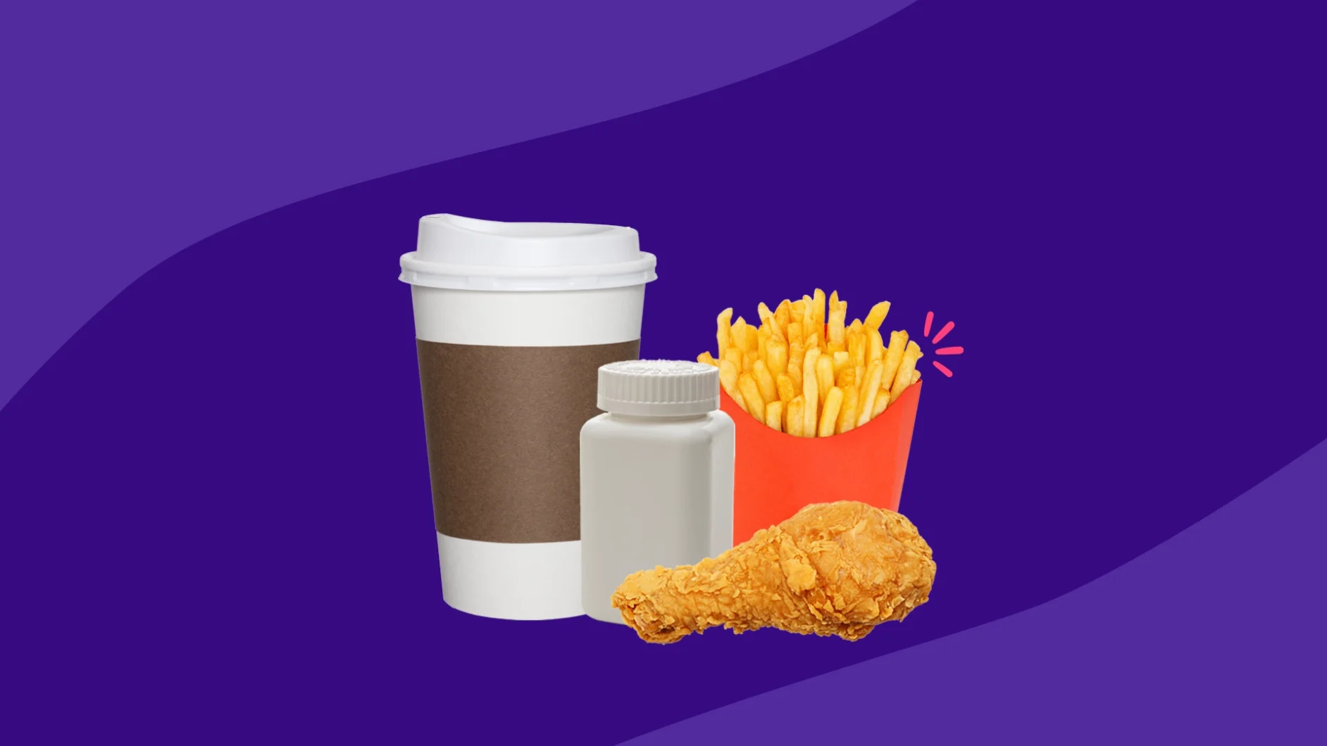 Image of coffee, fried food, and a pill bottle - foods to avoid while taking Jardiance