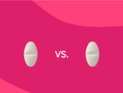 Two white oval tablets with "vs." between them: Ciprofloxacin vs amoxicillin