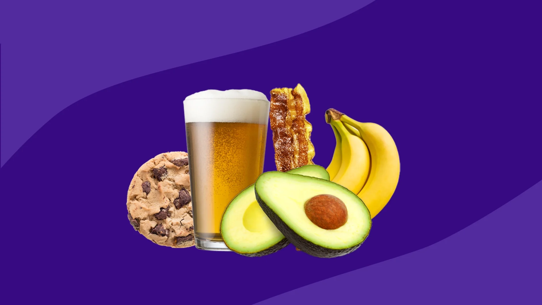 image of beer, bananas, avocado, bacon, and cookies - what foods to avoid while taking enalapril