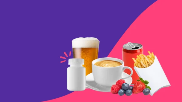 Image of medication next to coffee, fried foods, and soda - foods to avoid when taking Creon